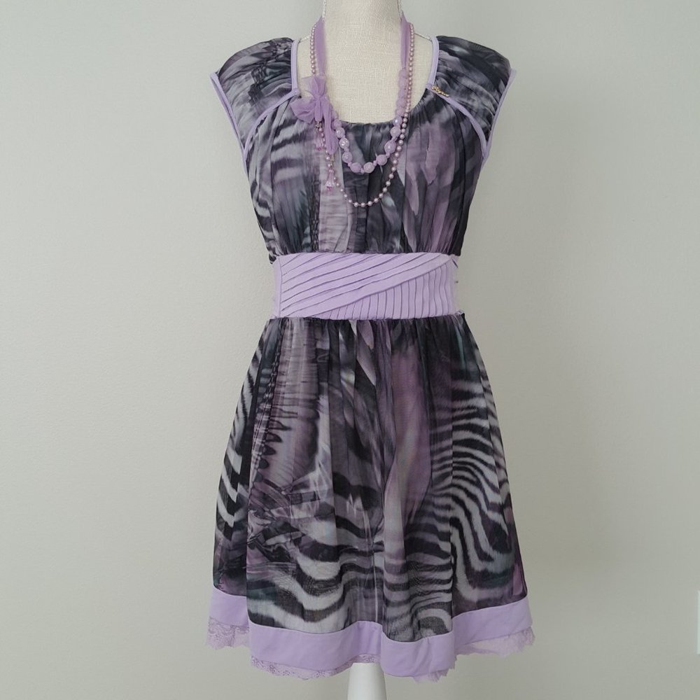Chic Lilac & Black Chiffon Dress Bow on Waist Skater Lace Korean Brand SOGO